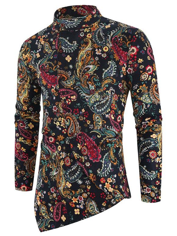 Chemise Haute Basse Cachemire Fleurie Imprimé avec Bouton Oblique - multicolor L