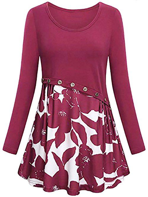 Mini Robe Embelli de Bouton Fleur Imprimée - Rouge Vineux L