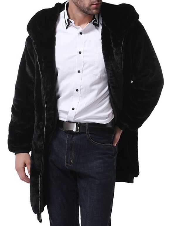 Manteau à Capuche Long Simple Zippé en Fausse Fourrure - Noir M