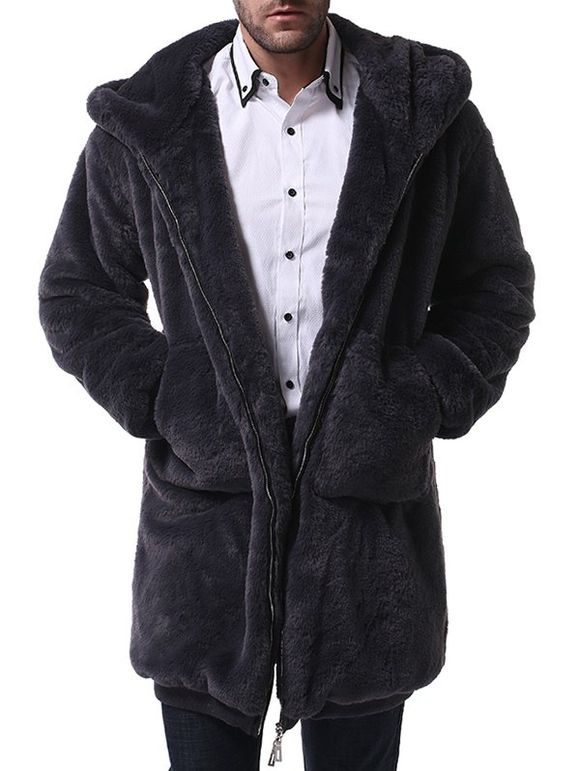 Manteau à Capuche Long Simple Zippé en Fausse Fourrure - Gris Foncé XL