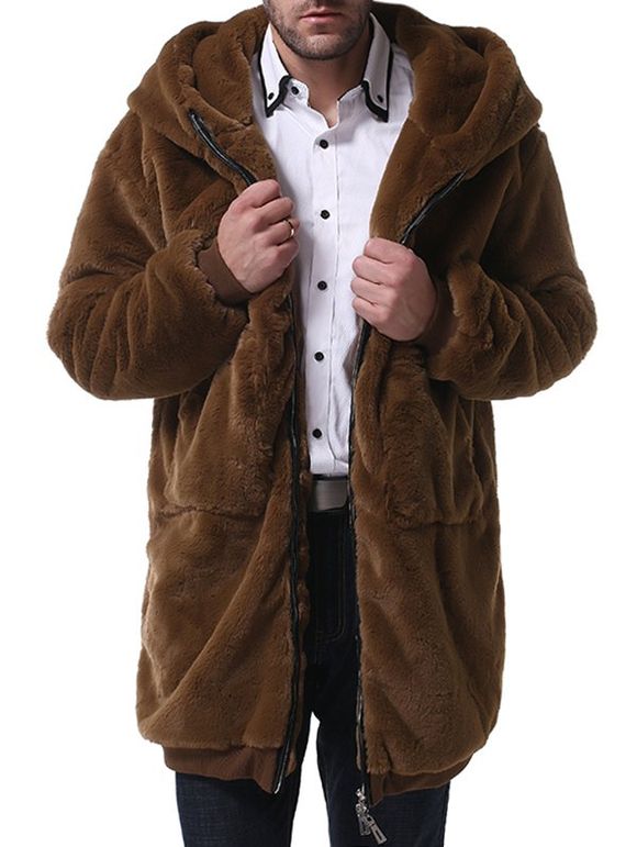 Manteau à Capuche Long Simple Zippé en Fausse Fourrure - Brun XL