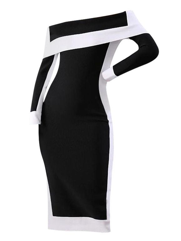 Robe Moulante Fendue Bicolore à Epaule Dénudée - Noir 3XL