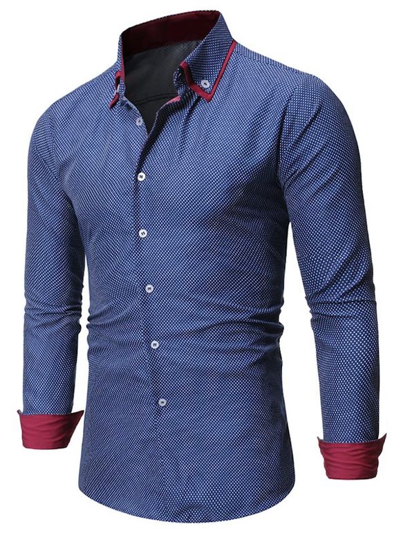 Chemise Boutonnée à Ourlet Contrasté à Pois - Bleu S