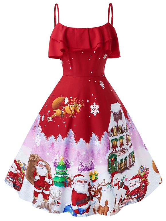Robe Trapèze de Noël Vintage Imprimée Grande Taille - Rouge 5X