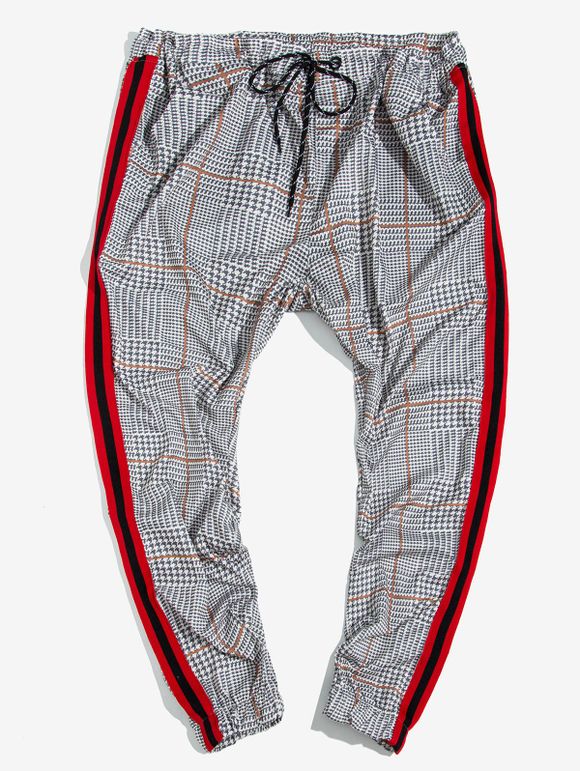 Pantalon de Jogging Rayé Contrasté à Carreaux Imprimé à Cordon - Gris Clair S