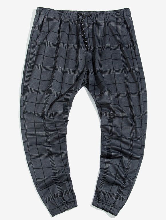 Pantalon de Jogging Trapèze à Carreaux Imprimé à Cordon - Gris Foncé XL