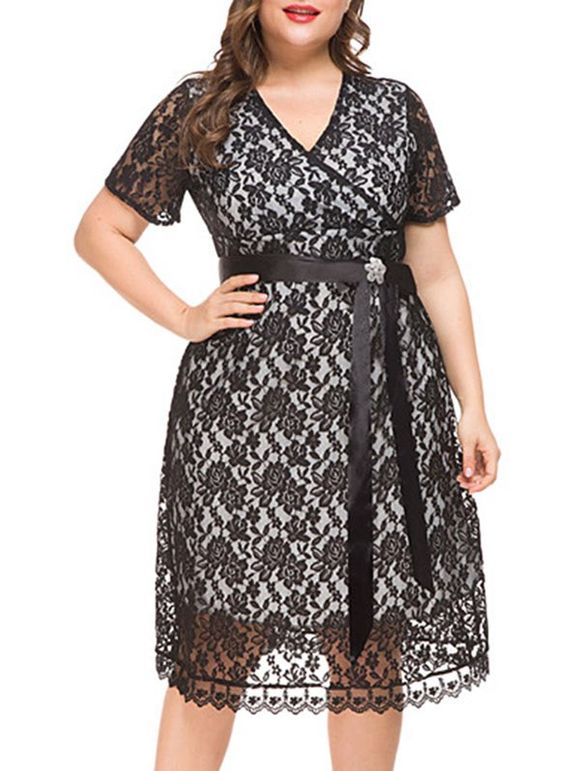 Plus Size Lace Midi Party Dress - Noir 2X
