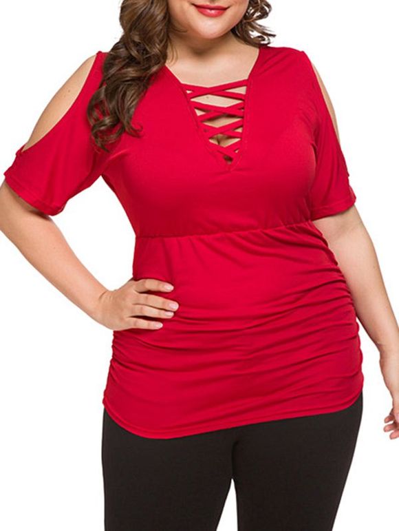T-shirt Croisé Plongeant à Epaule Ouverte de Grande Taille - Rouge 5X