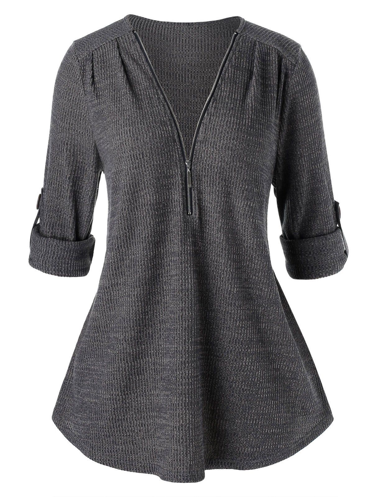

Plus Size Solid V Neck Zippered Sweater, Carbon gray