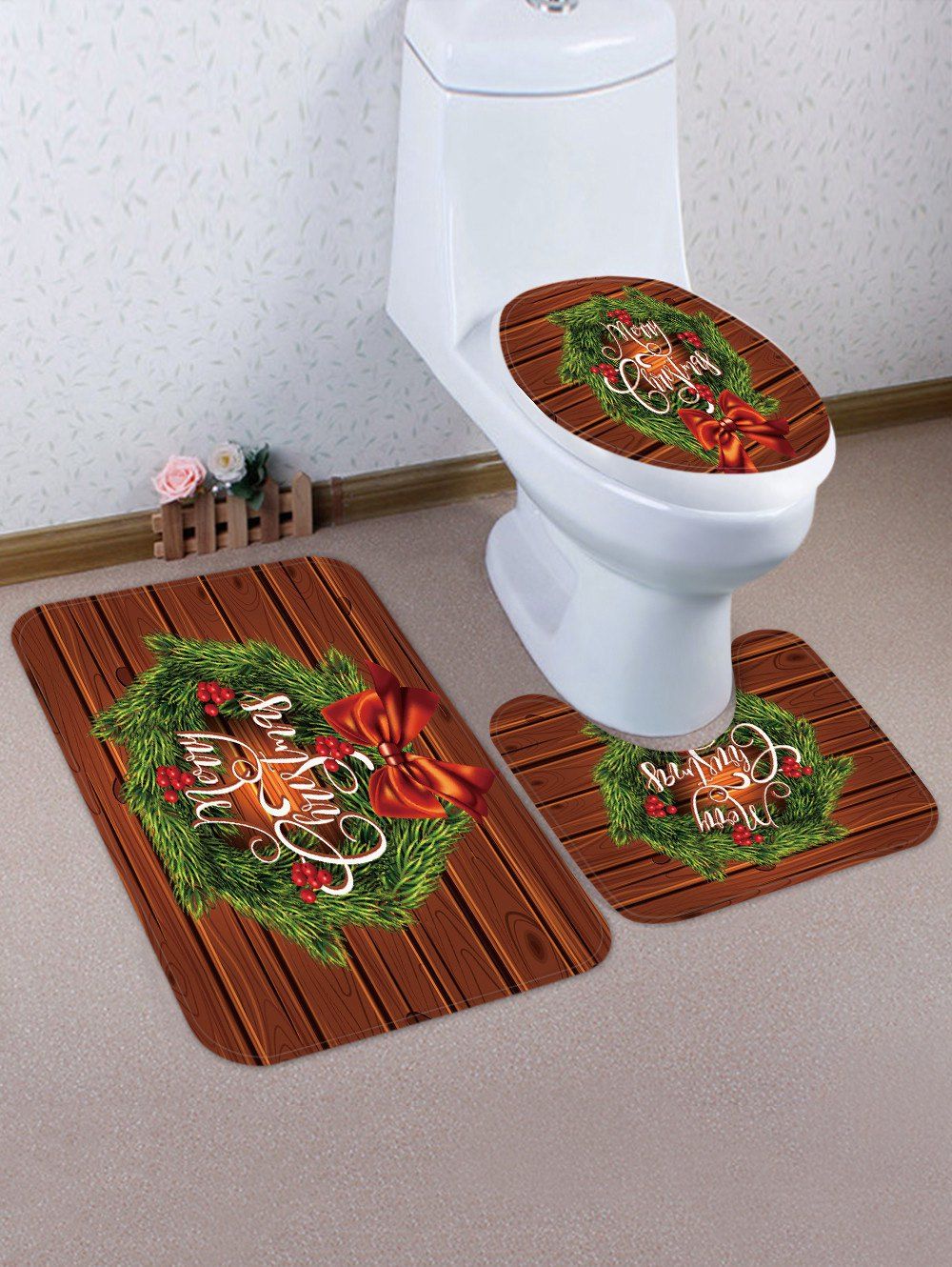 

Christmas Flower Pattern 3 Pcs Bathroom Toilet Mat, Multi