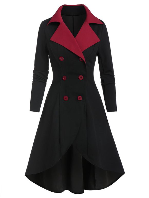 Manteau Tunique Bicolore à Revers - Noir 3XL