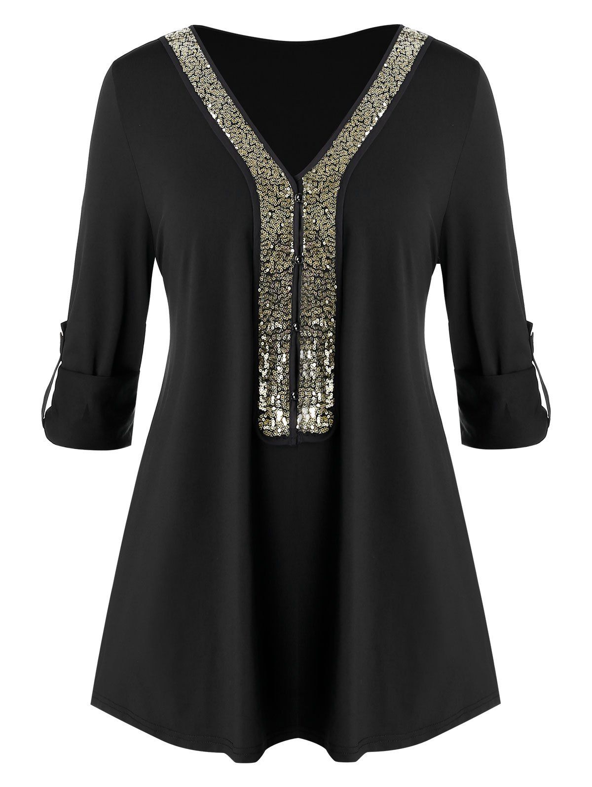 [31% OFF] 2021 Plus Size Sequined Tunic V Neck T Shirt In BLACK | DressLily
