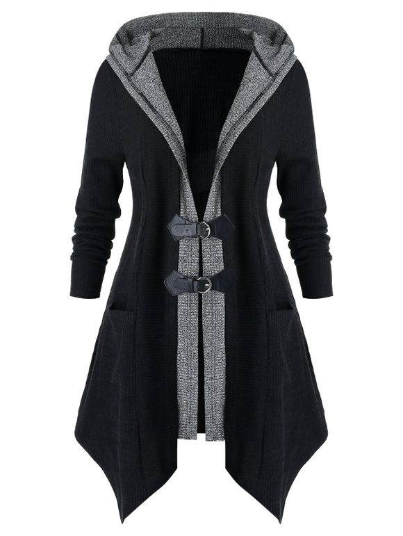 Manteau à Capuche Asymétrique Contrasté de Grande Taille - Noir 4X