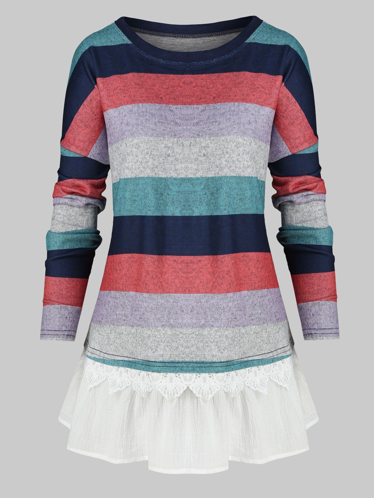 

Plus Size Color-blocking Striped Drop Shoulder Frilled Hem T Shirt, Multi
