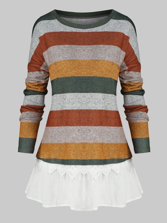 Taille Plus rayé Goutte blocage couleur épaule volantée Hem T-shirt - multicolor A 2X