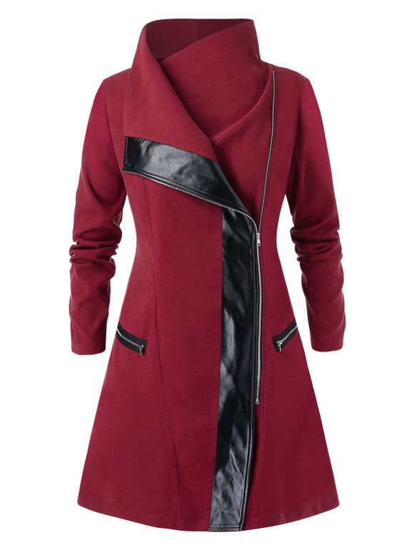 Manteau Zippé Contrasté à Col Haut de Grande Taille - Rouge Lave 1X