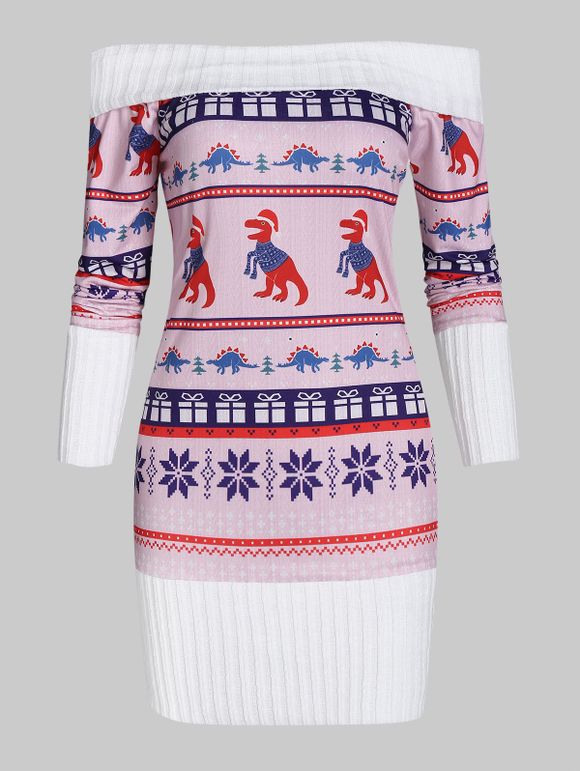 Sweat-shirt de Noël Graphique Panneau Tricoté Dinosaure à Epaule Dénudée - multicolor M