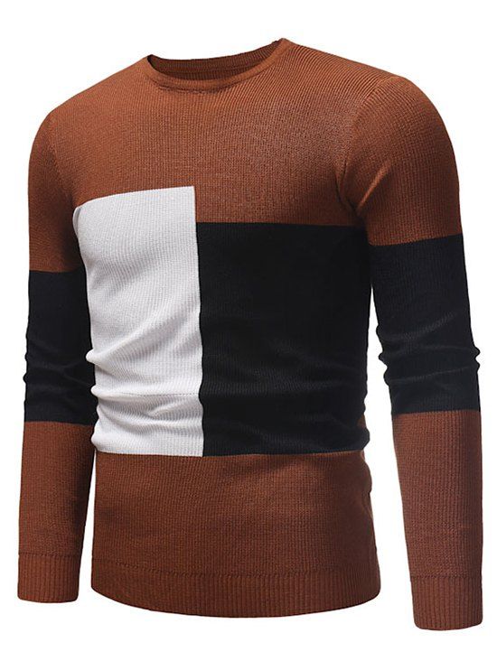 Color Blocking Spliced Pullover Sweater - CARAMEL XS
