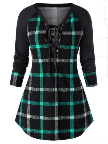 Plus Size Lace Up Plunge Plaid Sweatshirt