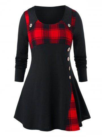 Plus Size Grid Pattern Button Longline High Waist Shirt