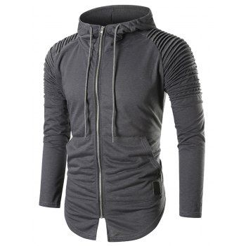 

Pleated Raglan Sleeve Solid Slit Zip Up Hoodie, Gray