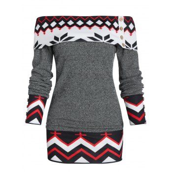 

Geometric Off The Shoulder Foldover Knitted Sweater, Gray