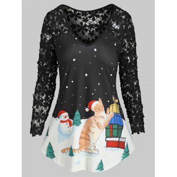 

Christmas Flower Crochet Funny Snowman Cat Long Sleeve Tee, Black