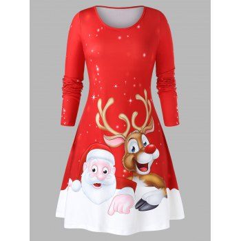 

Plus Size Christmas Printed Fit And Flare Round Collar Dress, Lava red