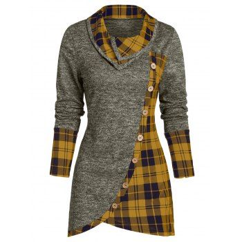 Plaid Print Mock Button Long Sleeve Overlap T-shirt