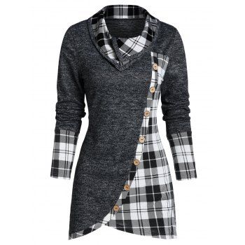

Plaid Print Mock Button Long Sleeve Overlap T-shirt, Dark slate grey