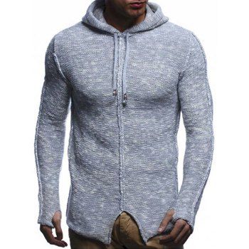 

Finger Hole Drawstring Heathered Hooded Sweater, Light blue