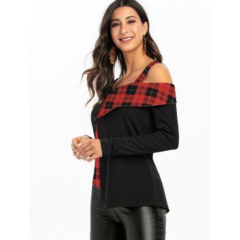 

Skew Neck Plaid Asymmetric Top, Red wine