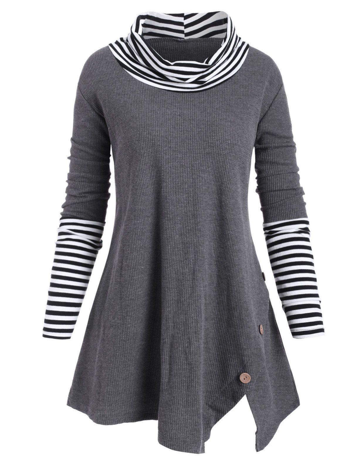 

Stripes Panel Cowl Neck Buttoned Asymmetrical Plus Size Top, Gray