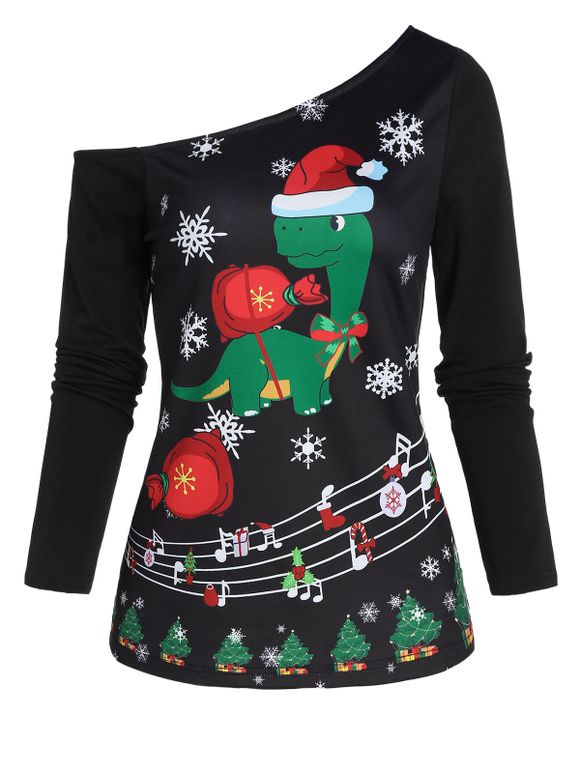 Sweat-shirt de Noël Flocon de Neige Imprimé à Col Oblique - Noir XL