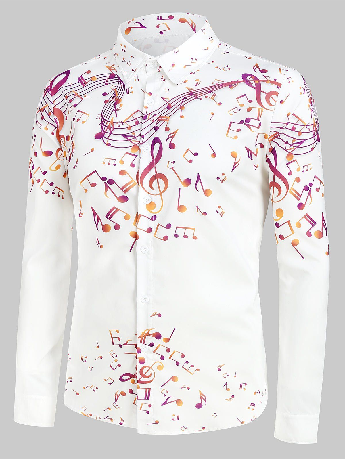 

Plus Size Music Notes Print Long Sleeve Button Up Festival Shirt, White