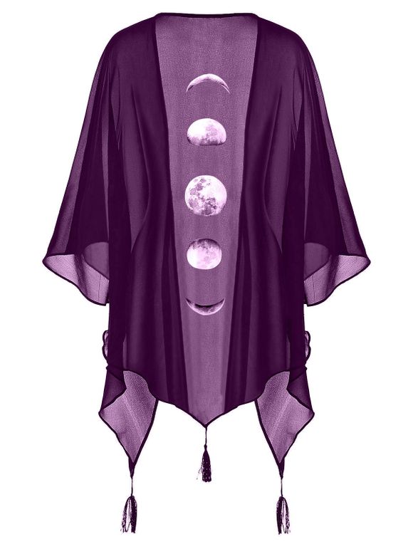 Chemise Kimono Asymétrique d'Halloween Eclipse de Lune Imprimée Grande Taille à Frange - Pourpre 1X