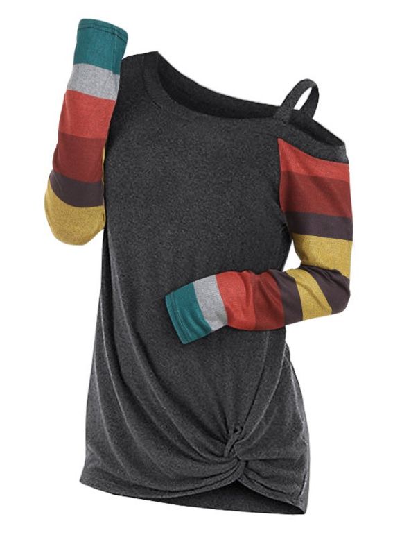 T-shirt Tordu Manches en Blocs de Couleurs Grande Taille à Col Oblique - Gris 2X