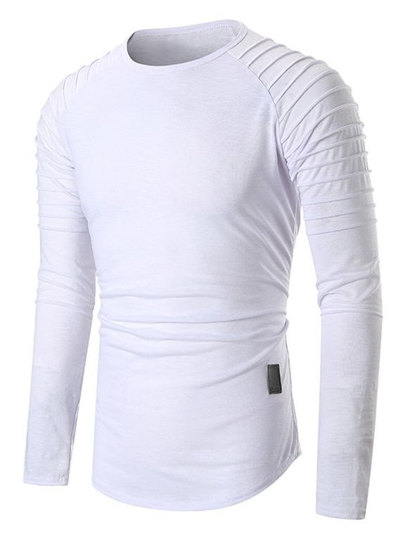 T-shirt Plissé Manches Longues Raglan à Ourlet Courbe - Blanc 2XL