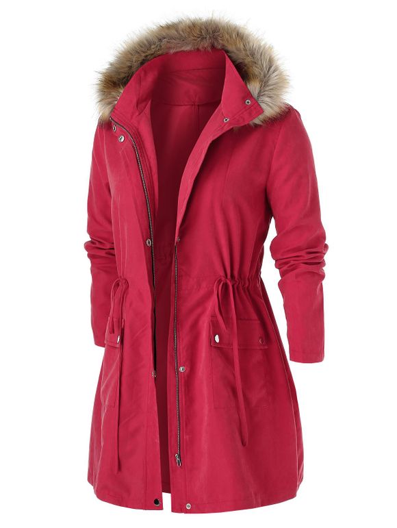 Manteau à Capuche Fourré avec Poches Grande Taille - Rouge Vineux 3X