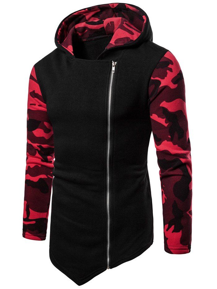 

High Low Camouflage Spliced Hoodie, Red