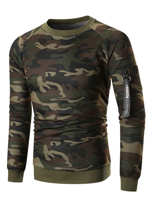 Sweat-shirt Manches Raglan avec Ruban en Laine avec Poche - Vert Camouflage 3XL