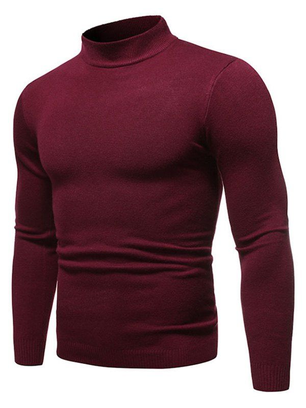 Solid Color Mock Neck Pullover Sweater - RED WINE XL