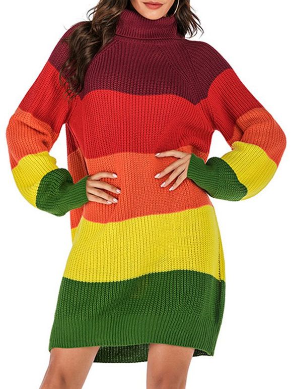 Colorblock Turtleneck Shift Sweater Dress - multicolor L