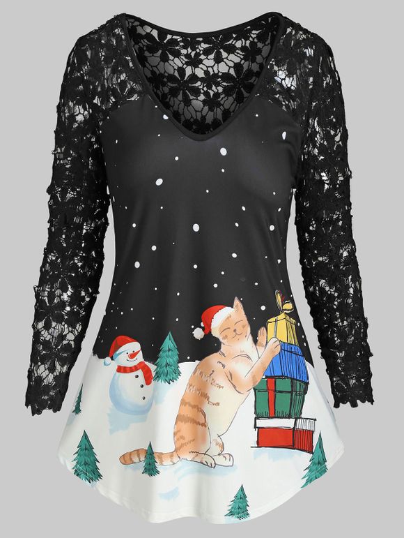 Christmas Flower Crochet Funny Snowman Cat Long Sleeve Tee - BLACK XL