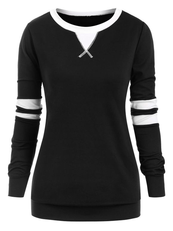 Sweat-Shirt Panneau Rayé Contrasté Cousu Grande Taille - Noir 2X