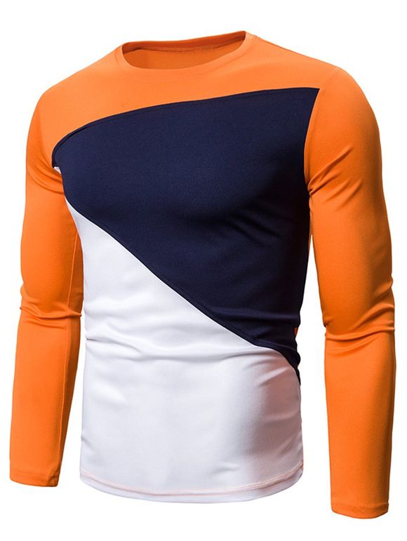 T-shirt en Blocs de Couleurs Jointif à Manches Longues - Orange XL