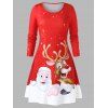Robe de Noël Ajustée Evasée Imprimée de Grande Taille à Col Rond - Rouge Lave 1X