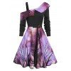 Robe Asymétrique d'Halloween Ciel Etoilé Anneau en O à Col Oblique Longueur à Genou - Pourpre Jonquille S