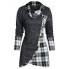 T-shirt Boutonné Superposé à Carreaux Imprimé à Manches Longues - Gris Ardoise Foncé 2XL