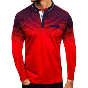 

Gradient Faux Pocket Turn Down Collar T Shirt, Red